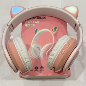 Беспроводные наушники с кошачьими ушками и подсветкой  цвет корпуса розовый